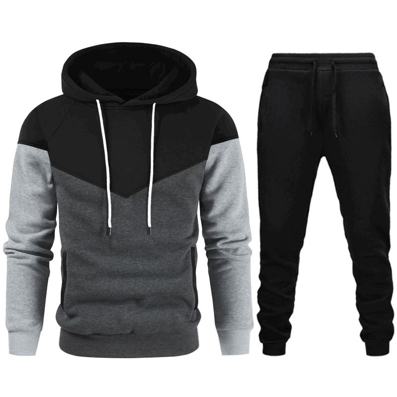 Men's Patchwork Hoodie Set, Warm and Luxurious Two-piece Set, High-quality Printed Pullover, Sportswear