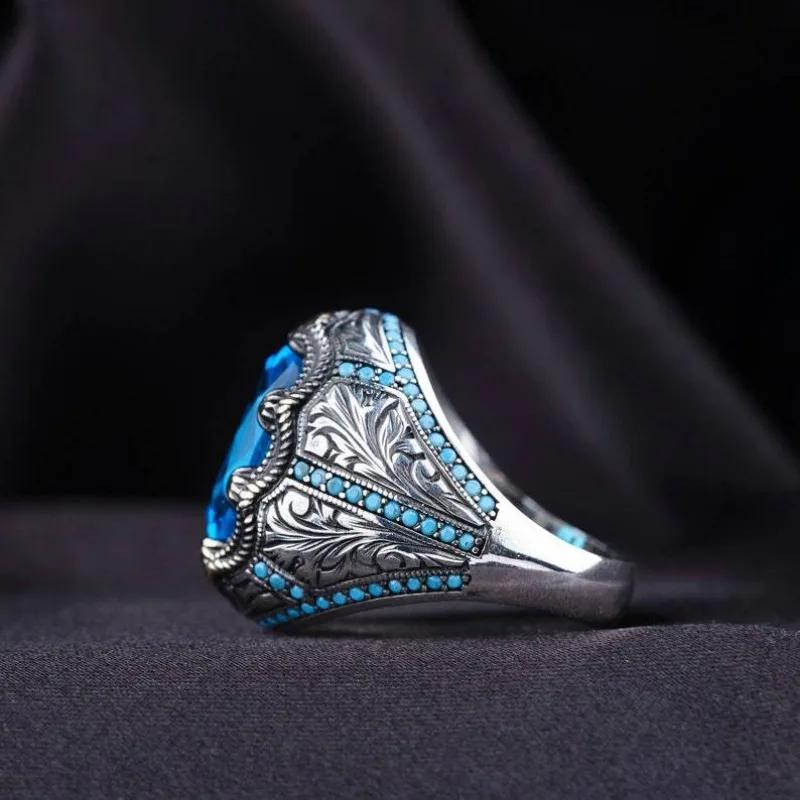 Anillo Sello Turco Retro Hecho a Mano Para Hombre Vintage Antiguo Color Aleación de Zinc Grabado Zafiro Azul Anillo Punk Motorista Musulmán Zircón