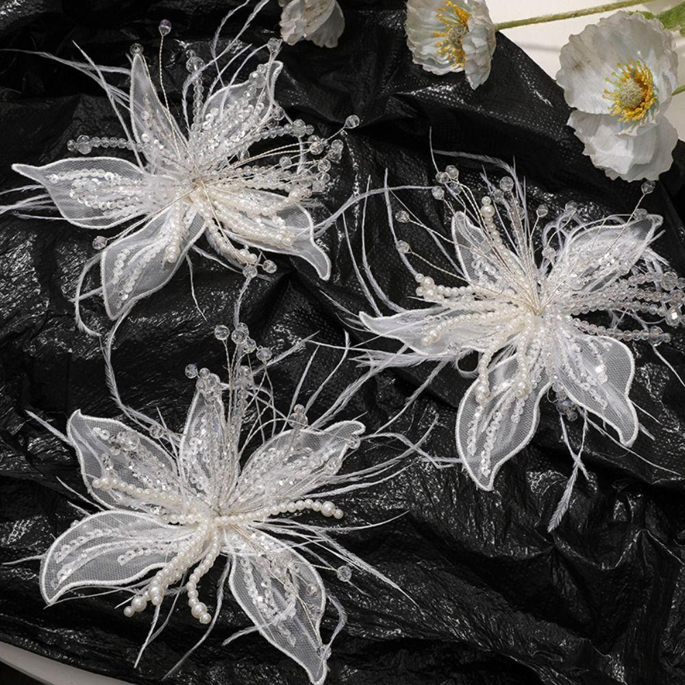 Feather Pearl 3D Organza Flower Patch Crystal Flower Lace Studded Patch Hand-made Handmade Applique Decorative Corsage Accessory