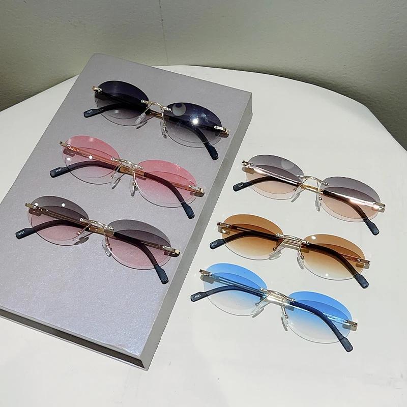Randlose Ovale Sonnenbrille Herren Mode Farbverlauf Dekor Gläser Damen Neu Trendig Vintage Marken Design Lässige Brillen