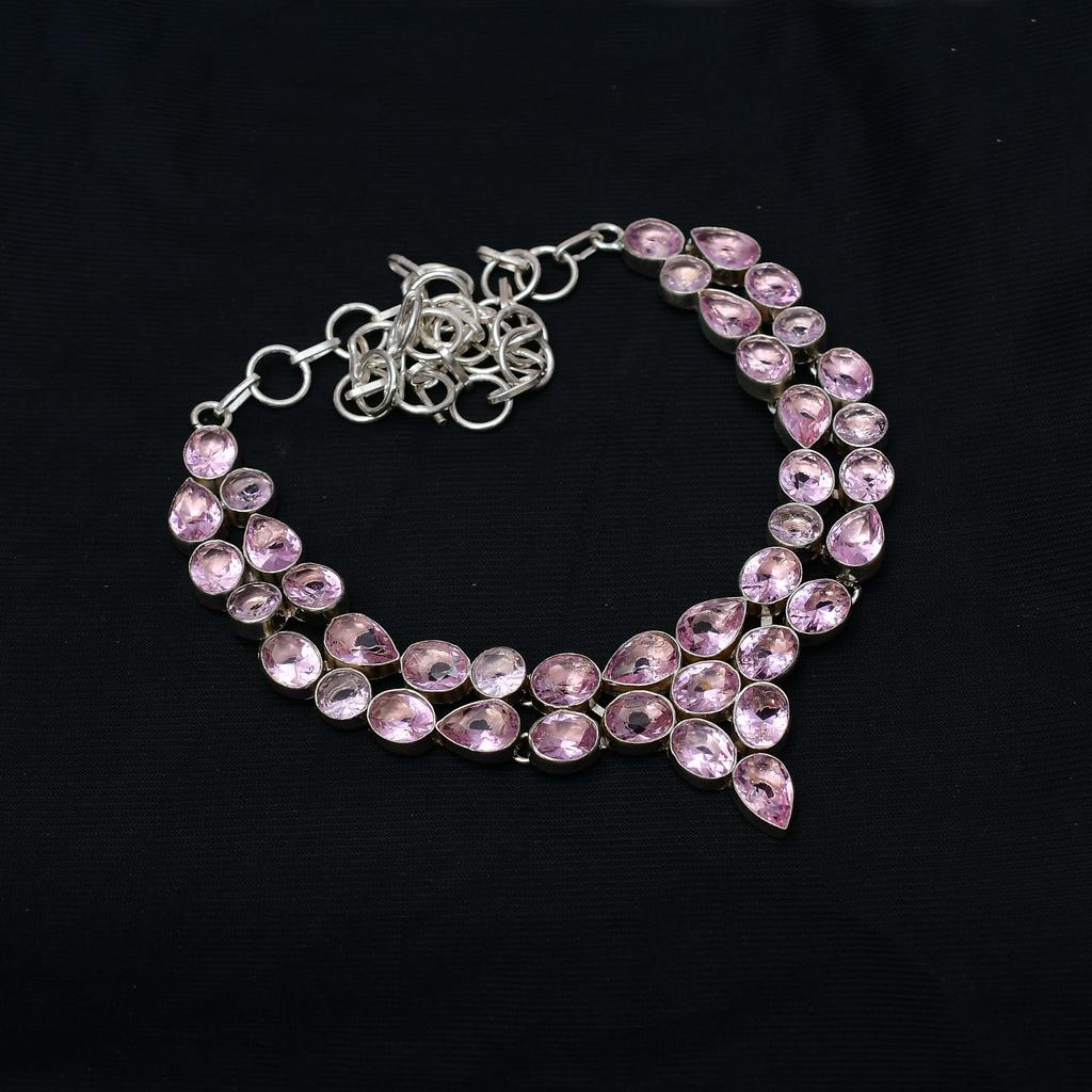 Pink Kunzite Gemstone : 925 Sterling Silver Handmade Multi Shape Stone Necklace Jewelry