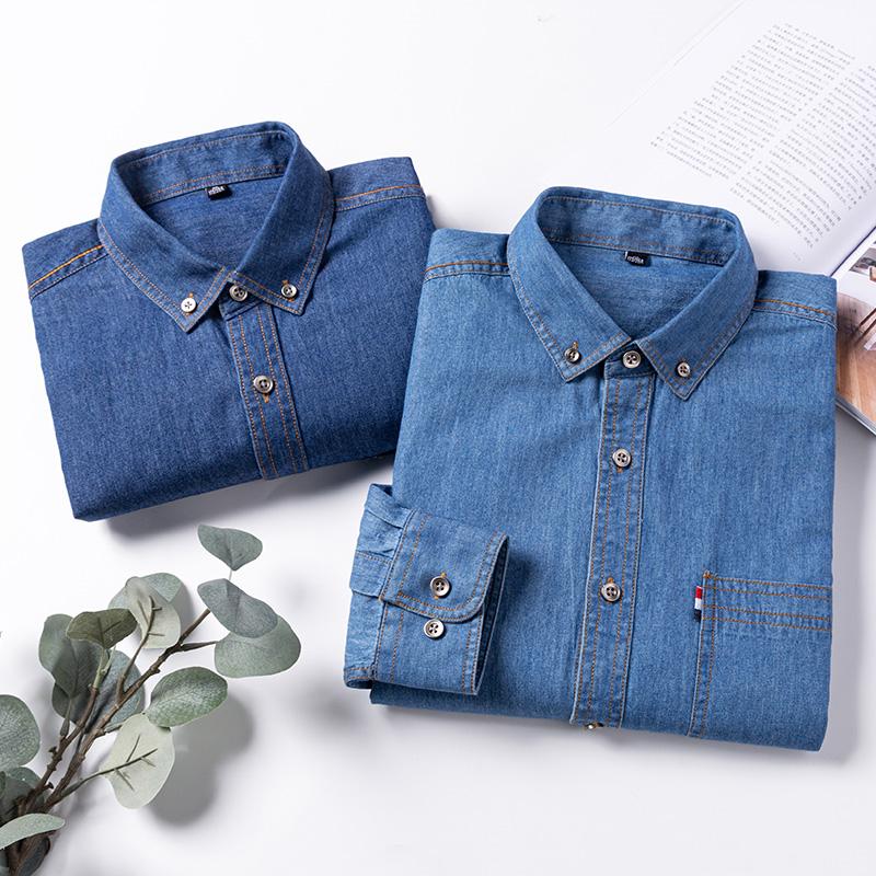 New Soft Denim Mens Shirts Casual Long Sleeve Regular Fit Business Leisure Outdoor Street