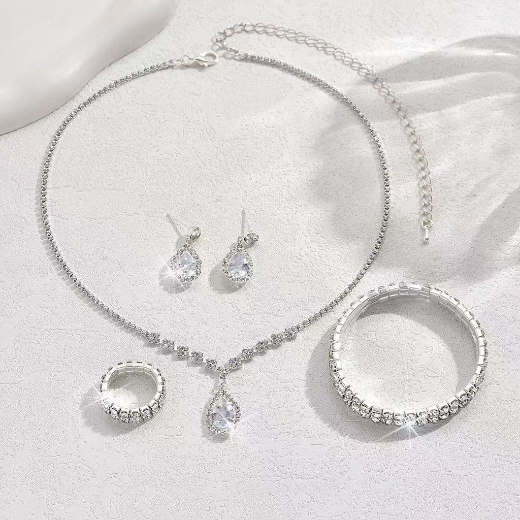 Full Rhinestone Drop Pendant Necklace and Earrings Set 4 - Piece Lightweight Alloy Jewelry for Daily Wear Party Gift