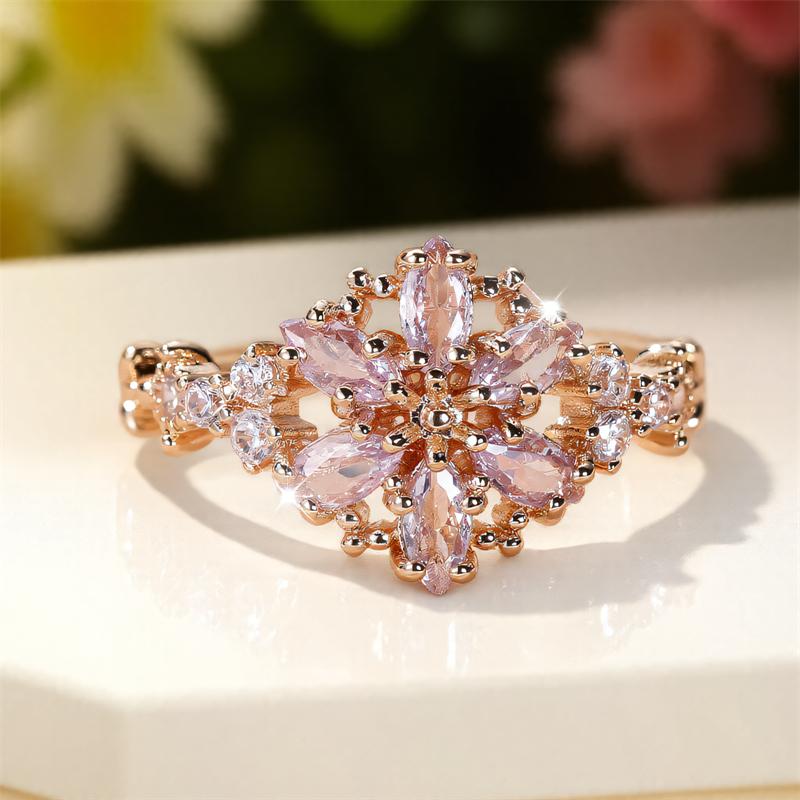 Cute Female Zircon Stone Flower Ring Gold Color Engagement Charm Wedding Jewelry For Women