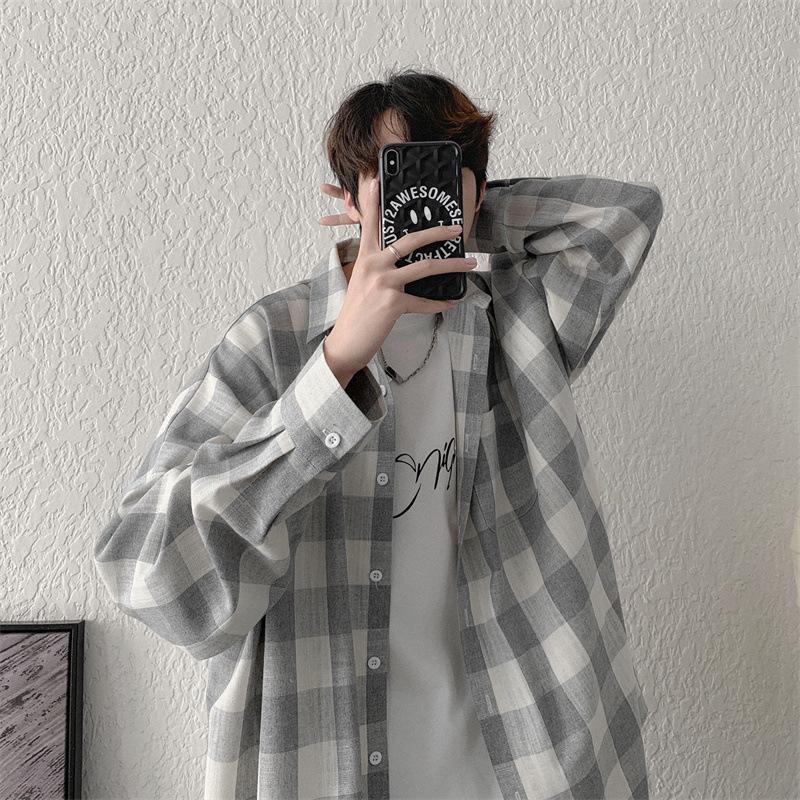 Autumn Checkered Shirt Men's Long Sleeved Ins Hong Kong Style Cool Casual Shirt
