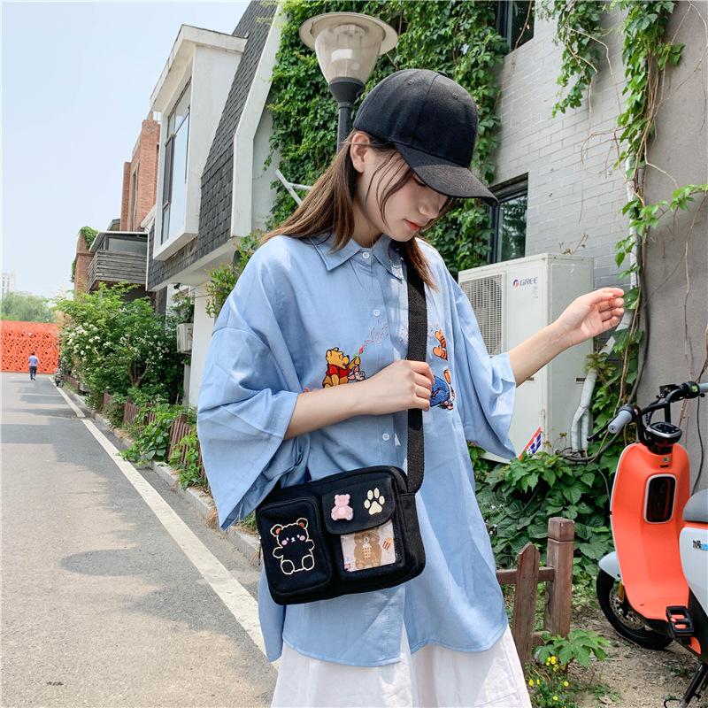 Borsa Piccola in Tela alla Moda Giapponese Ins da Donna a Spalla Carina Divertente Personalità Ricamo Orso Ragazza Adolescente Studentessa Borsa a Tracolla Trasparente