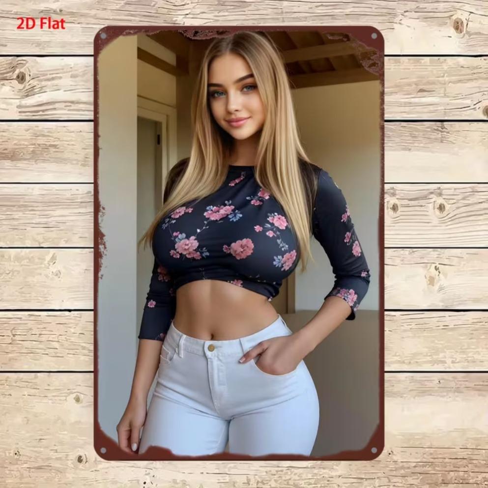Letrero Vertical de Metal Lata Mujer Rubia Top Corto Amarillo Pantalones Cortos de Mezclilla Paisaje de Flores Silvestres Decoración para Colgar en la Pared