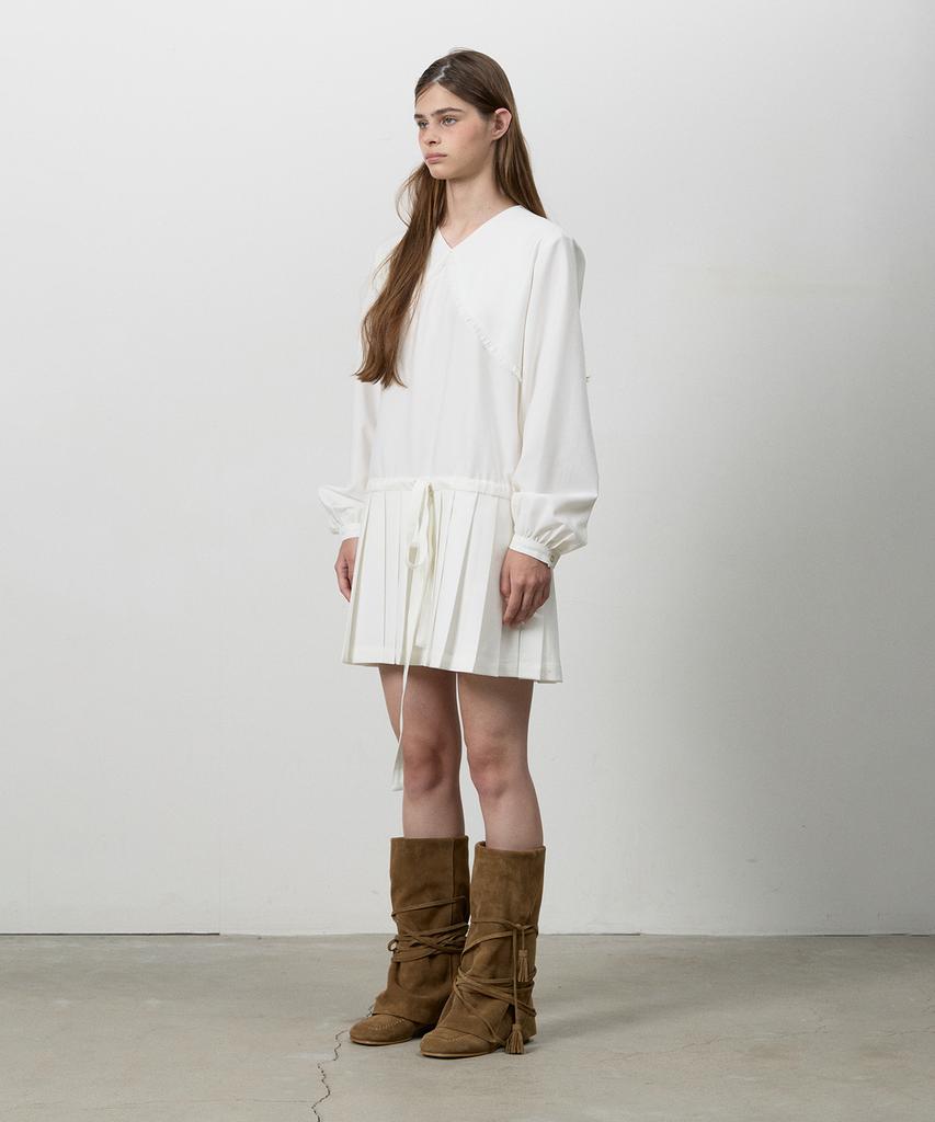Three To Eighty Pleats Ribbon Dress White