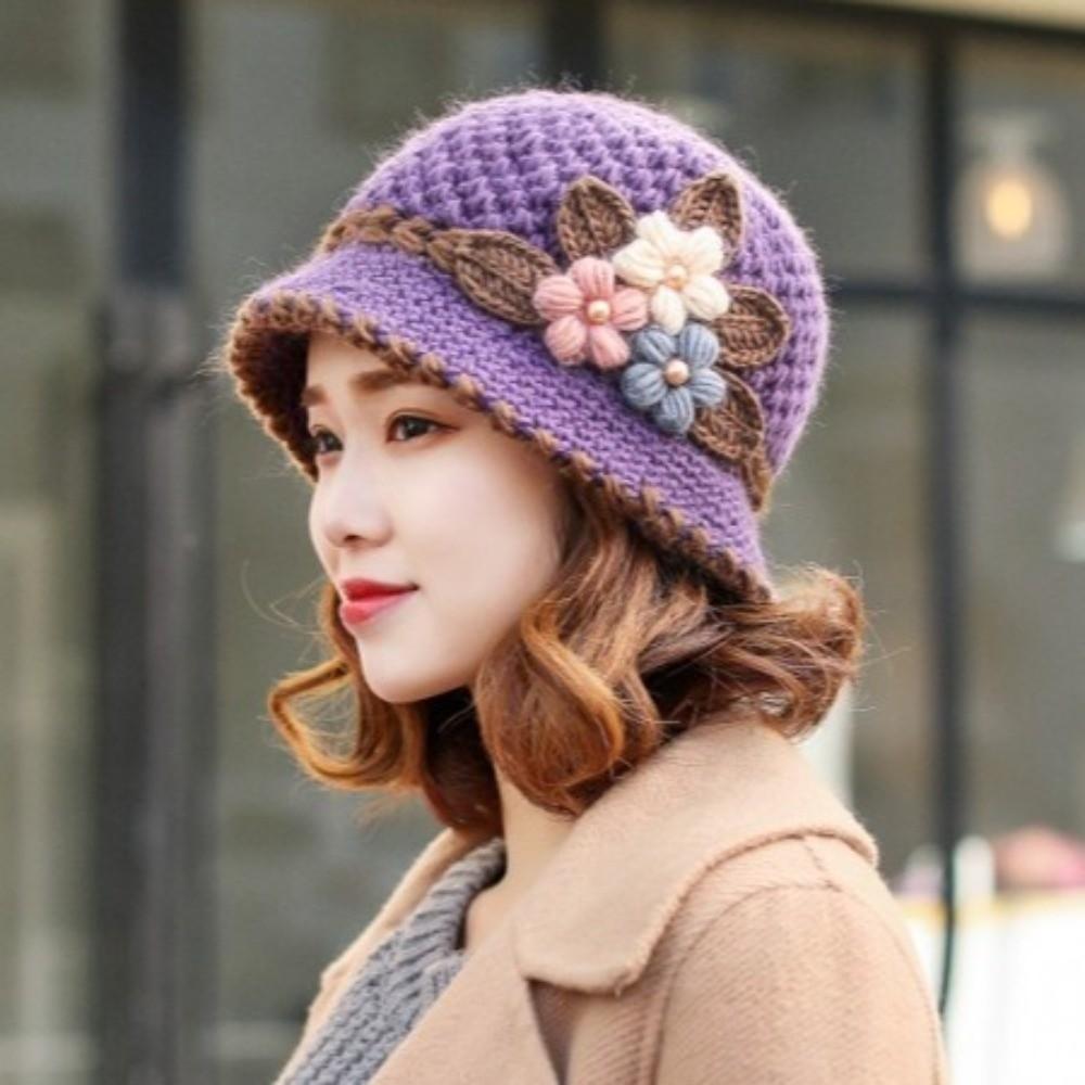 Warm Knitted Bucket Hat Windproof Floral Crochet Hat Vintage Yarn Cloche Hat Winter
