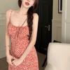 Women's Floral Lace-Up Suspender Dress - Red, Slim Waist, Mid-Length, New Summer Beach Holiday Style