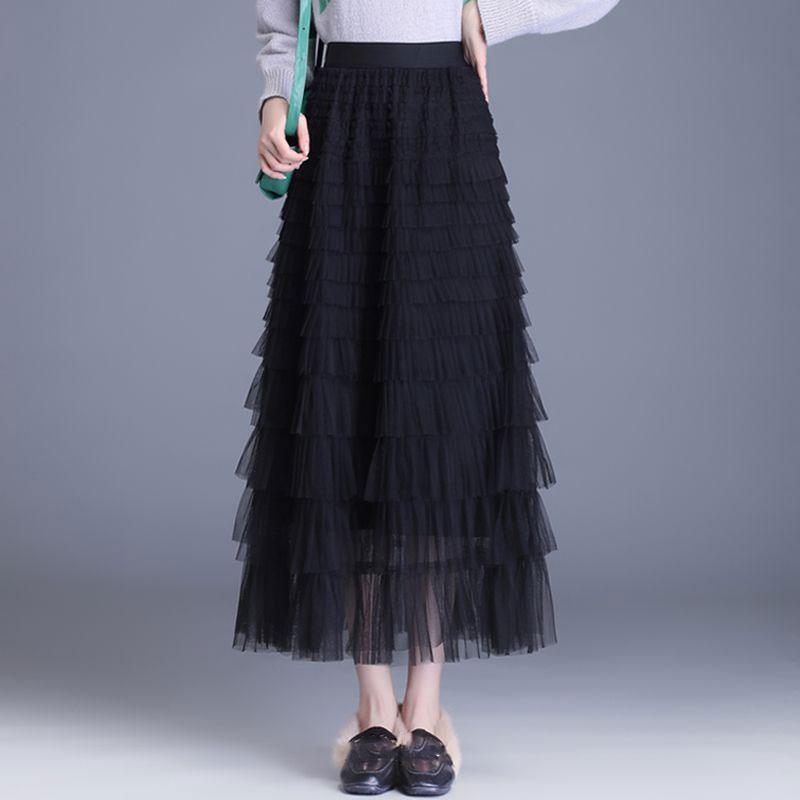 Elastický pas Síťované Dlouhé Sukně pro Ženy Elegantní Vintage Vysoký Pas Společenské Šaty Tyl Dortová Sukně Dámské Oblečení