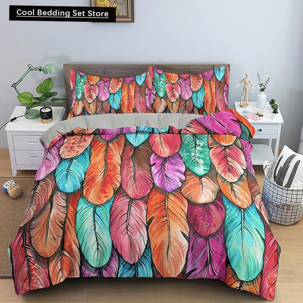 Boho Federn Bettbezug Queen King Size Bunt Vogel Feder Bettwäsche Set Tropische Blätter Polyester 3tlg