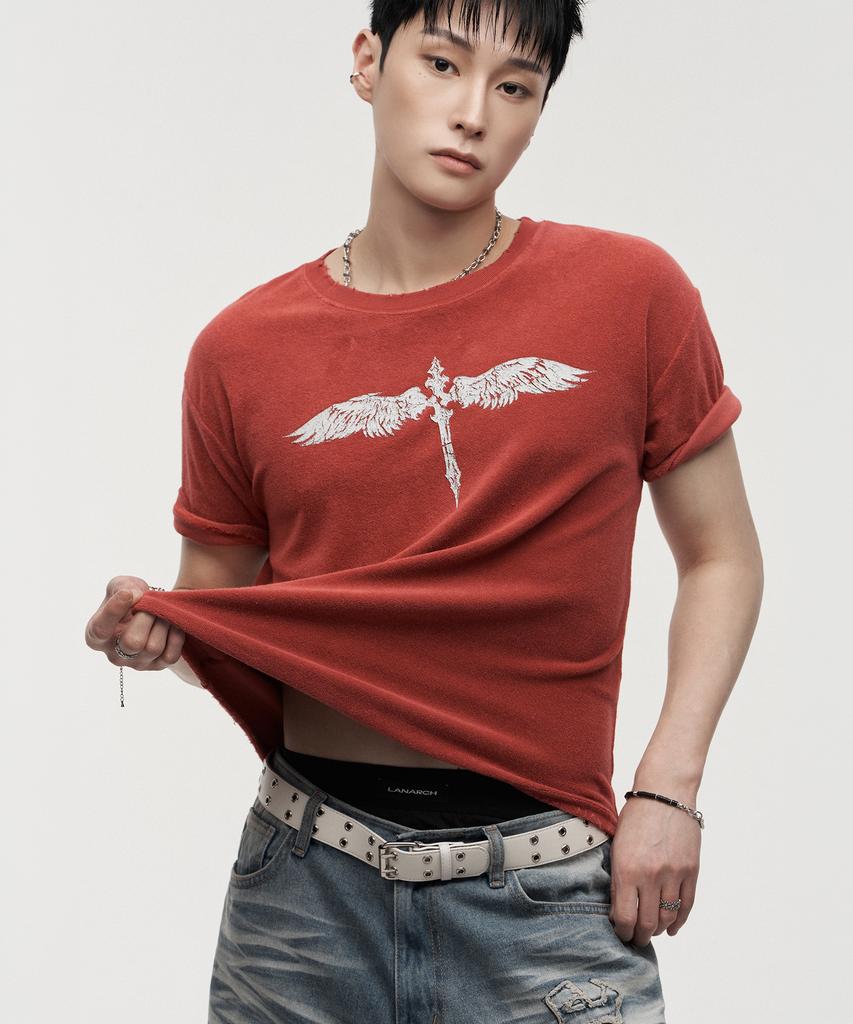 LANARCHIVE [0138] Antique Cross Wing Short Sleeve T-Shirt - Red