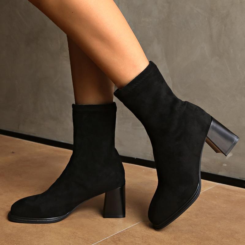 Fashion Women's Fashion Thick Heel Single Boots Autumn New Square Head Suede Sleeve Anti-slip Wear-resistant Short Boots