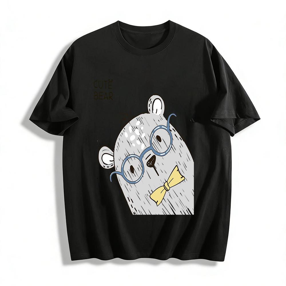 Cute Glasses Bear Print Casual T-Shirt for Adults and Kids Loose Breathable Daily Wear Top Pure cotton T-shirt