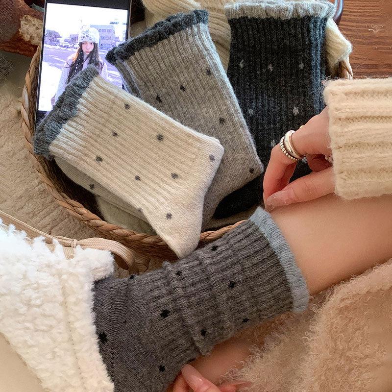 Lace Tube Socks Women's Stockings Thermal Socks Gray Cotton Socks Versatile Women's Socks Trendy Polka Dot Crew Socks Color-block Cuff Casual Socks