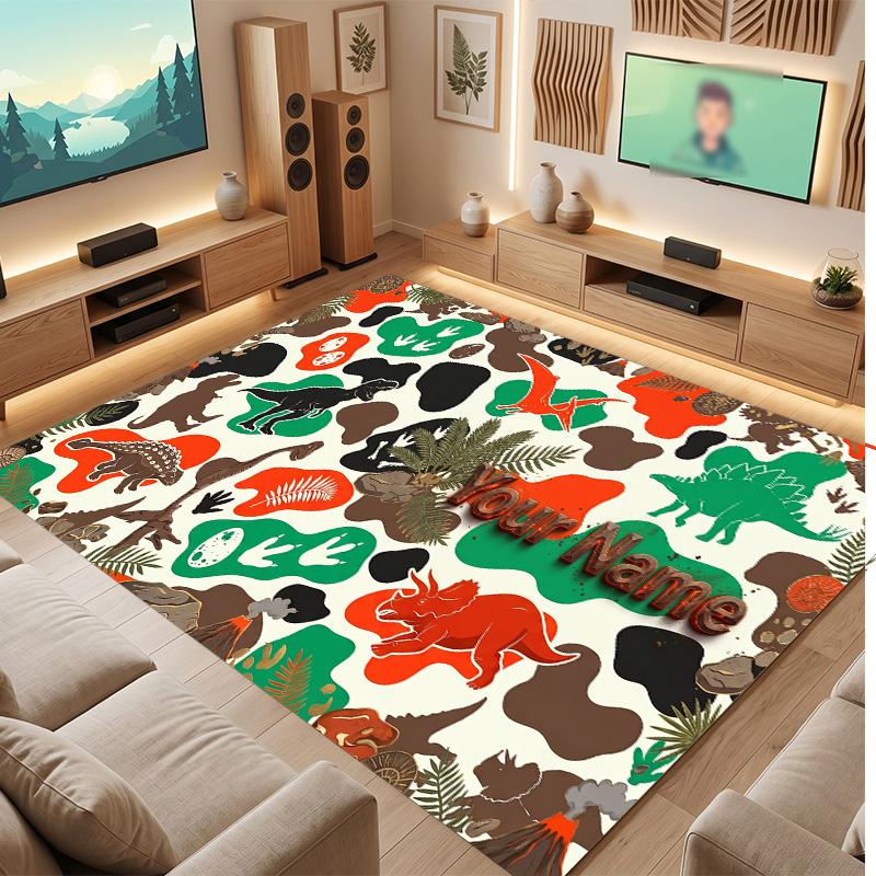 Dinosaurier-Thema Weicher Kristall-Samt Teppich Benutzerdefinierter Name & Text Druck Rutschfester Boden Teppich für Schlafzimmer Wohnzimmer