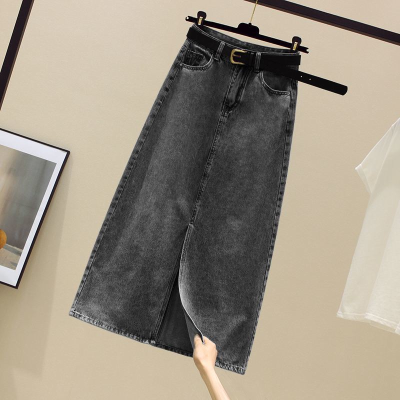 Jupe en jean taille haute à fente latérale pour femmes Jupe longue mi-longue trapèze moulante sur les hanches Modèle printemps automne été