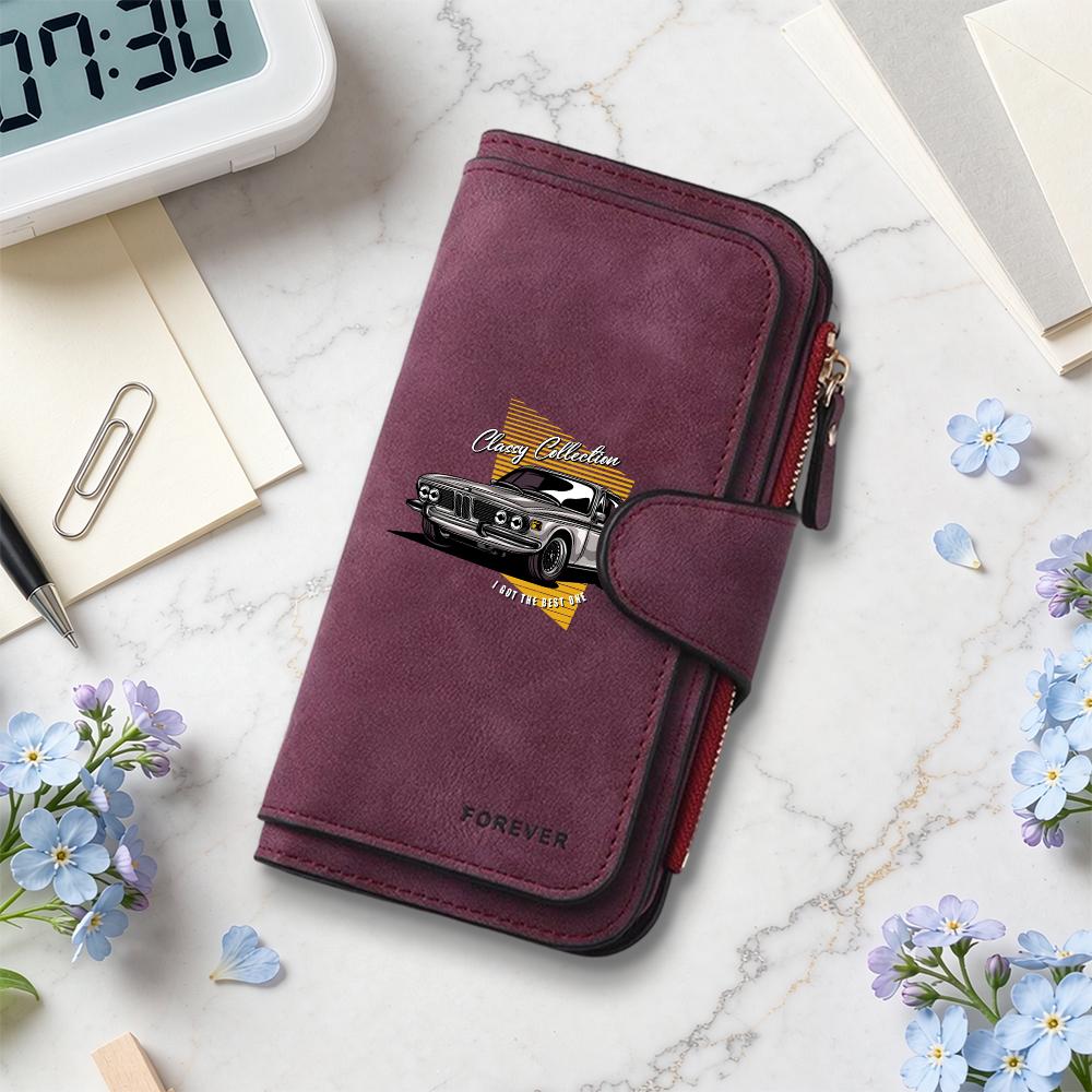 Vintage Car Print Long Wallet Multi Card Slot Clasp Purse Portable PU Leather Casual Daily Handbag for Men