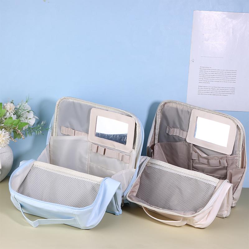 Portable Standing Makeup Bag Large Capacity Travel Handbag Women'S Organizer Simple Pen Bag Business Style Pu Material