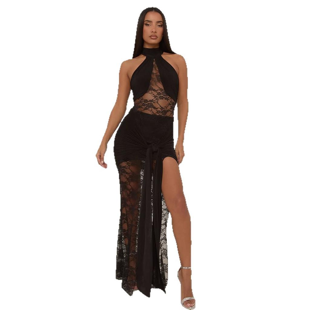 European and American Lace See-through Long Dress, Sexy Halter with Split Ends, Pure Desire To Hang the Neck Long Dress