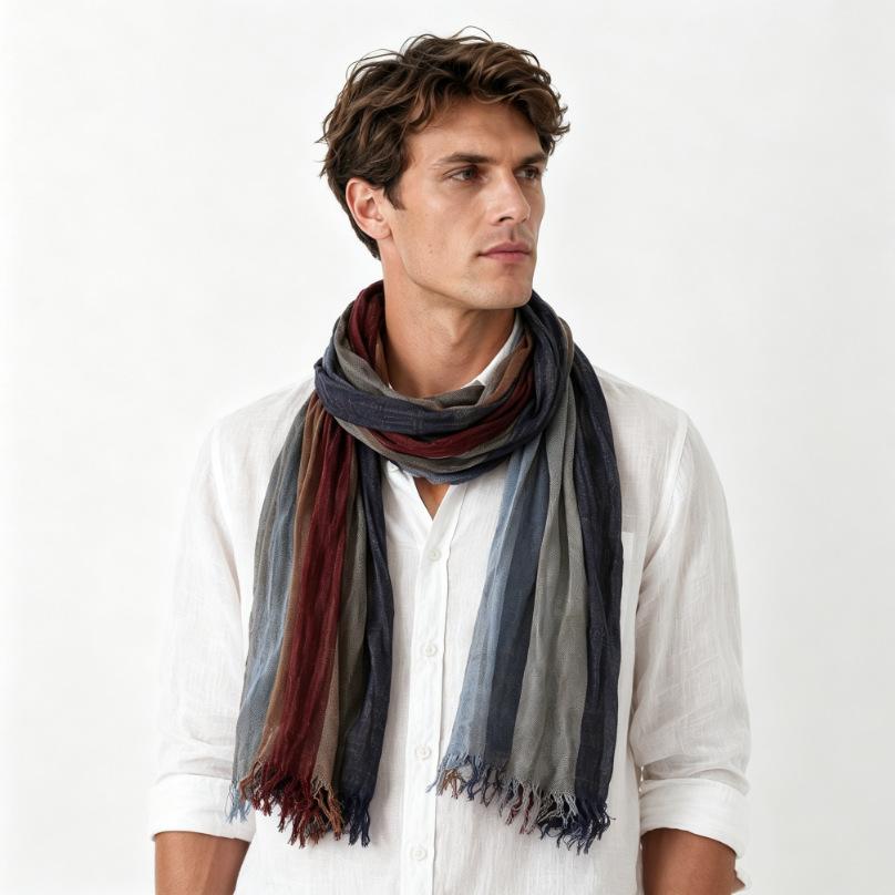 Fashion Men Patchwork Cotton Linen Striped Scarf