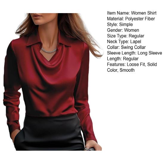 Women Shirt Lapel Swing Collar Long Sleeve Casual Loose Fit Shirt Solid Color Versatile Smooth Satin Shirt Daily Wear