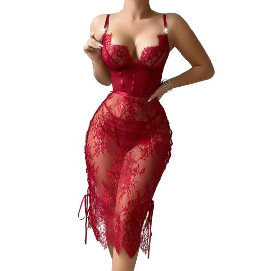Sexy Lace Babydoll Dress for Women Sheer Mesh Chemise Sleepwear Side Split V Neck Nightgown for Honeymoon Anniversaries