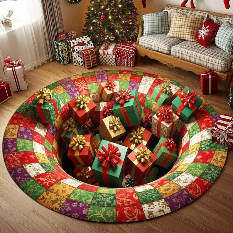 Kerstman Speelgoed Cadeaus Kerstkleed 3D Optische Illusie Rond Tapijt Feestelijke Vakantiedecoratie Kerstman Kleed voor Kinderkamer Winterhuis