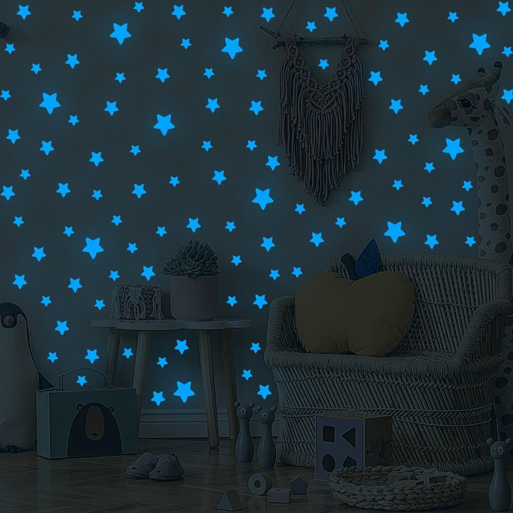 100 ks Svetielkujúcich nálepiek na stenu Svetielkujúce v tme Nálepky Hviezdy Nálepky pre Deti Detské izby Farebné Fluorescenčné nálepky