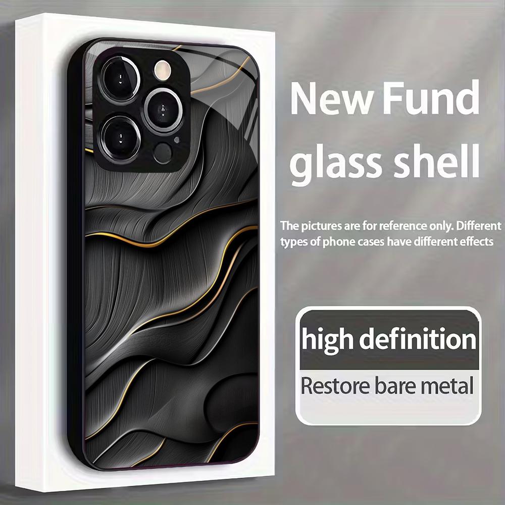 Coque de téléphone en verre trempé à motif texturé noir adaptée pour iPhone 17 16 15 14 13 12 11 Pro/Max/Plus coque arrière anti-chute