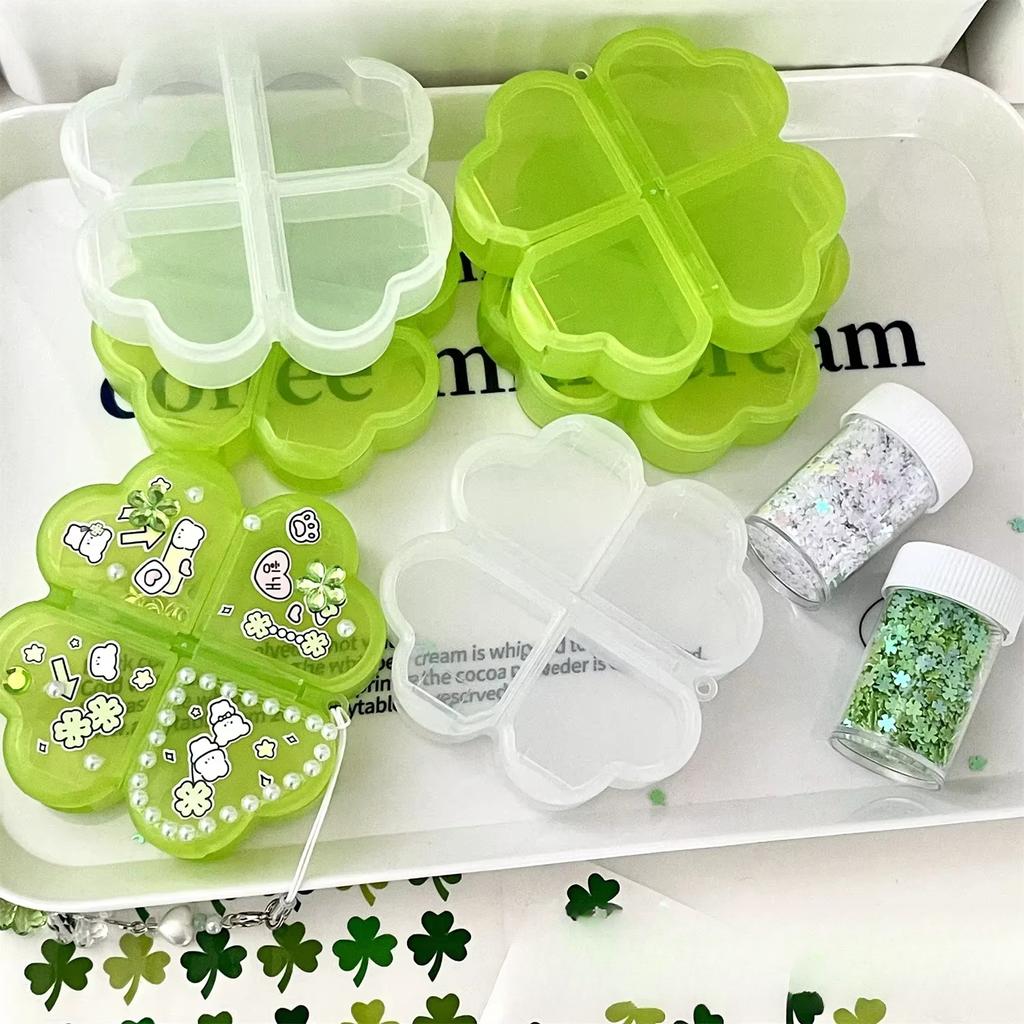Creative Four-leaf Clover Green / Transparent Storage Box Travel Portable Pill Capsule Containers Girl Sticker Jewelry Organizer