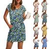 Women's Summer V-Neck Casual Short Sleeve Drawstring With Pocket Vintage Floral Dresses