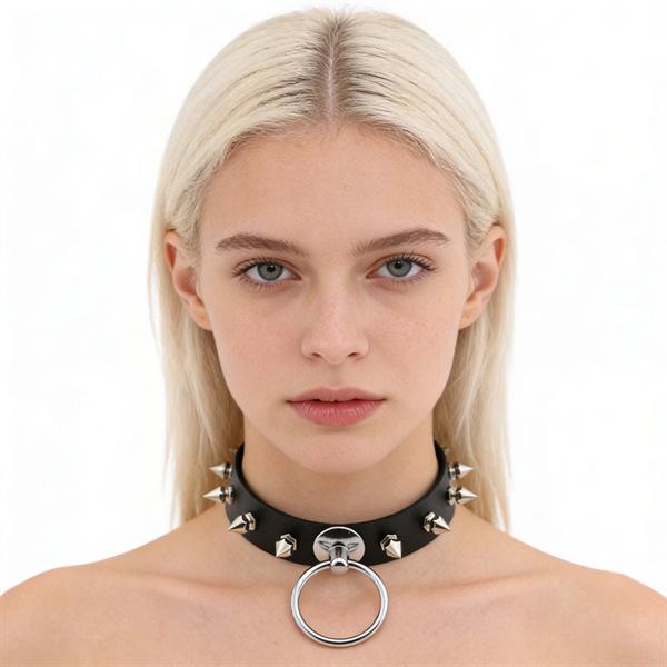 Unisex Europese Punk Zwarte Leren Choker met Metalen Ketting en Slot Hanger.