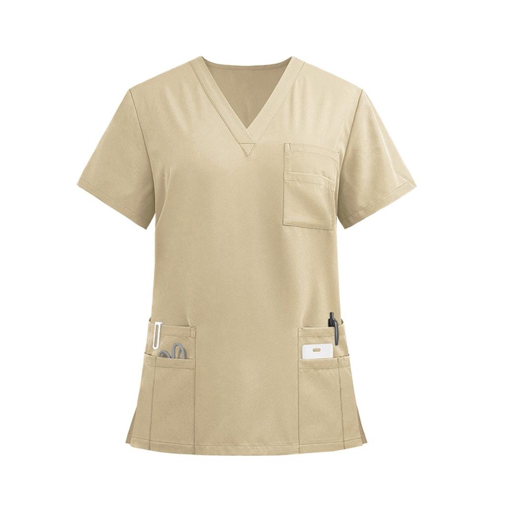 Leichtes, einfarbiges Kurzarmhemd für Damen mit V-Ausschnitt, mehreren Taschen und seitlichen Schlitzen