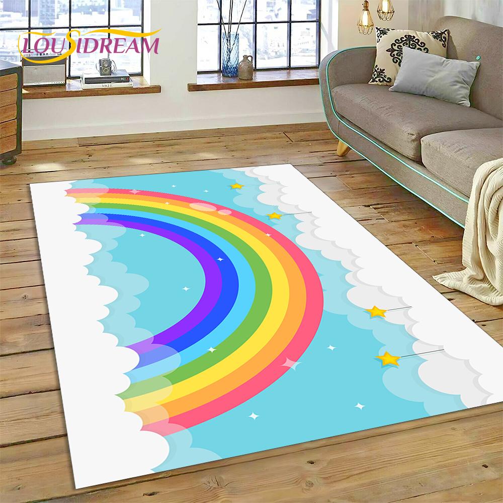 Regenbogen 3D Farbillusion Cartoon Teppich für Wohnzimmer Schlafzimmer Heimdekoration, Bodenmatte Rutschfest Dekoration für Sofa Fußmatte