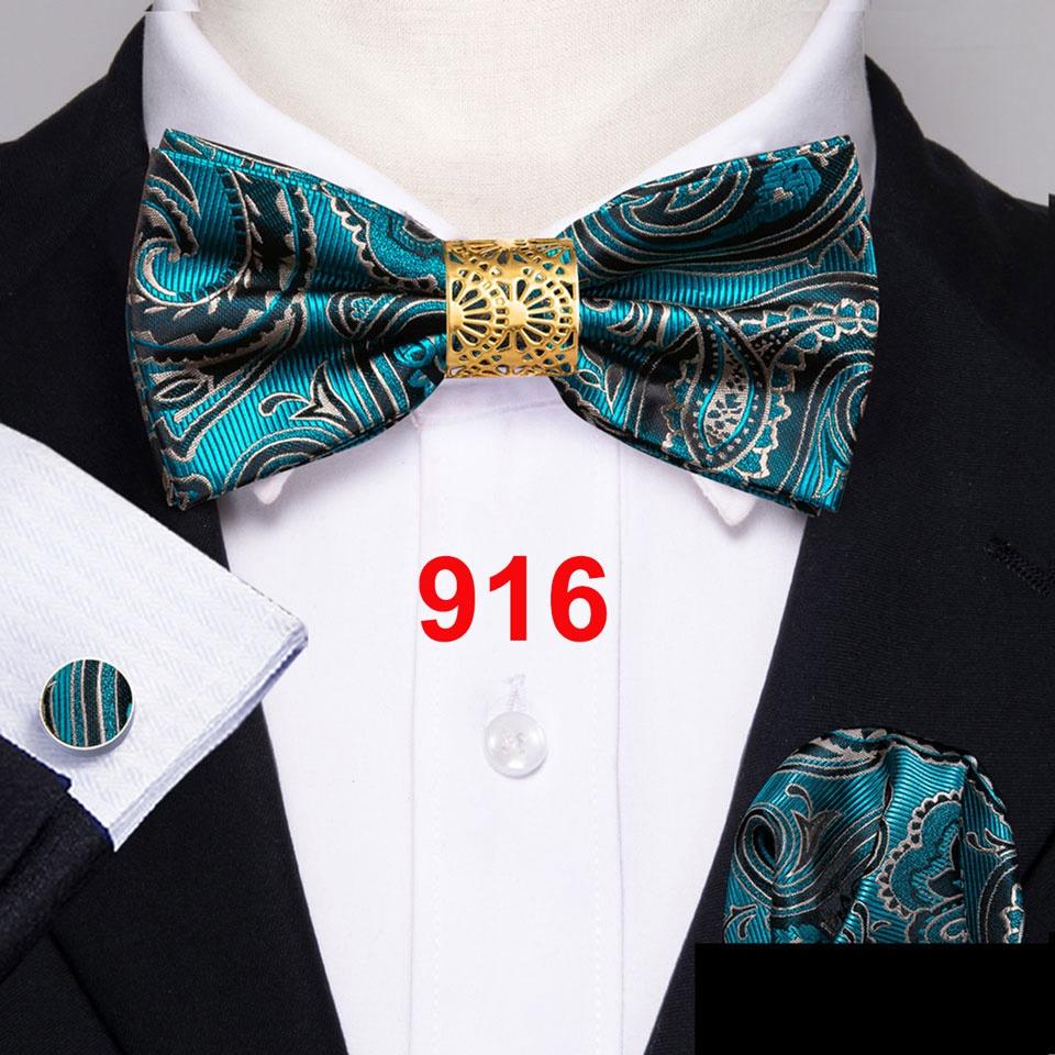 Barry.Wang Bowtie for Men Paisley Plaids Silk Pretied Bowtie Hanky Cufflinks Set