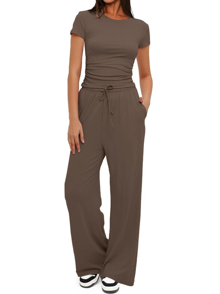 Solid Color Casual Long Sleeve Set Top High Waisted Wide Leg Pants Sportswear