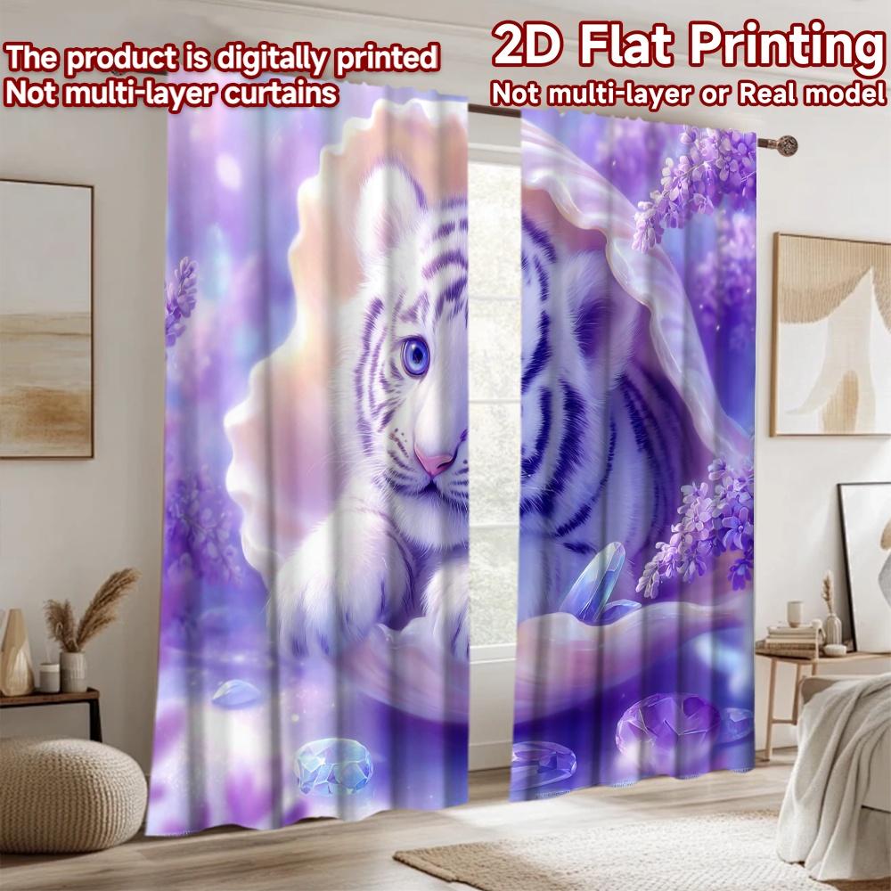 2D Flat Printing 2pcs Curtains Cute White Tiger Kitten Shell Crystals Digital Printed Polyester Drapes Family Party Use for