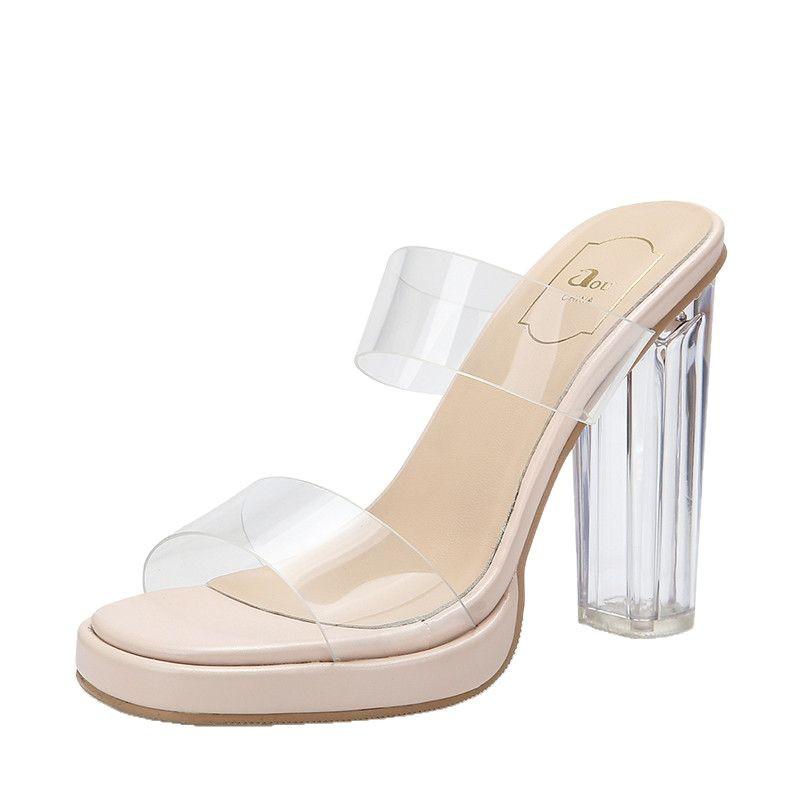 Spring Popular High Heels Women's Waterproof Table One-word Belt Not Tired Feet Thick Heel Crystal Slippers Women's Sandals Women's Shoes