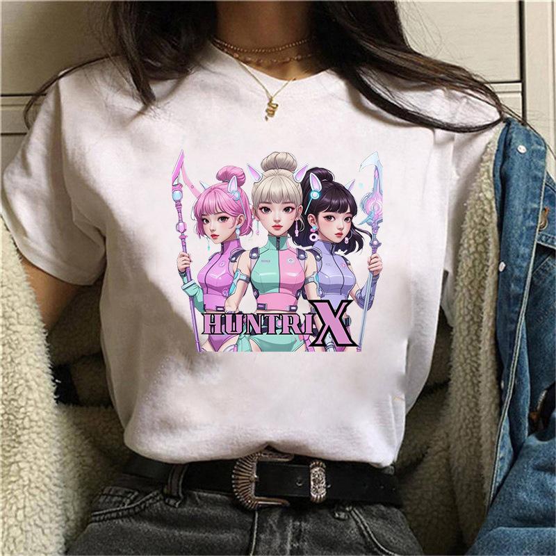 Women's Summer KPop Demon Hunters Graphic Tee Stylish Streetwear T-Shirt with Rum Mira Zoey Character Prints Trendy Casual