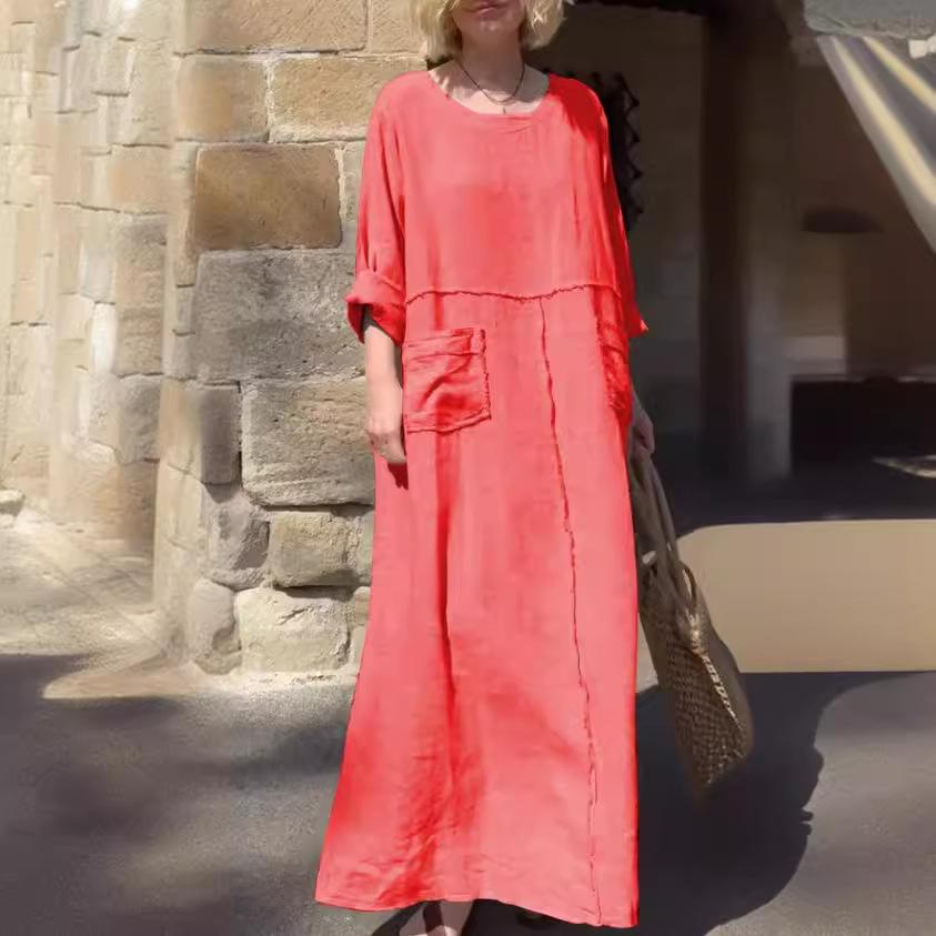 Women's Solid Color Casual Dress with Long Sleeves and Round Neck Pleated with Double Side Pockets Long Loose Dress
