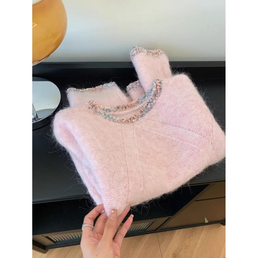 Spring Autumn Pink O-Neck Sweater for Women Splicing Design Feeling Lazy Loose Style Long Sleeve Soft Knitted Pullover
