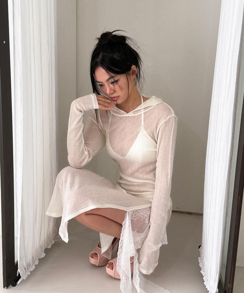Binaj Lace Shirring Mix Hooded See-Through Dress (White)