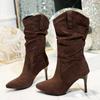 Damenmode Dünner Absatz Einzelstiefel Herbst Neu Spitz Wildleder Überfuß Falte Rutschfest Verschleißfest Mid-Calf Stiefel