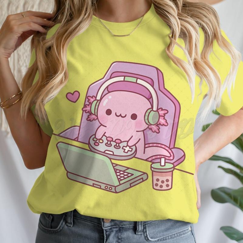 Cute Axolotl Playing Games T-shirt Female Casual Summer Drink Top Tie Dye Boba Tea Cartoon T-shirts Gamer Funny Short Sleeve Tee