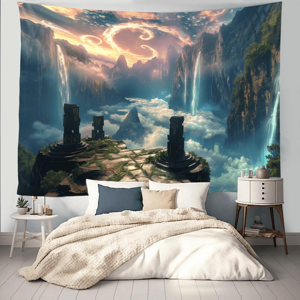 Waterfall At the Worlds Peak Tapestry Contemporary Style Psychedelic Landscape Hanging Wall Art for General Use Polyester M