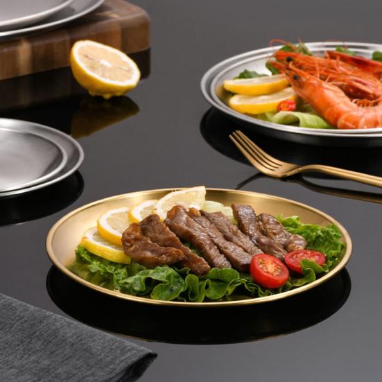 Platos de acero inoxidable para cena Plato redondo para servir ensaladas Fácil de limpiar Pizza Fruta