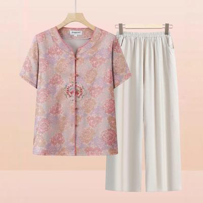 Mom's Chinese Style Summer Top Set: Short-Sleeved Shirt & Two-Piece Outfit for Middle-Aged and Elderly Women