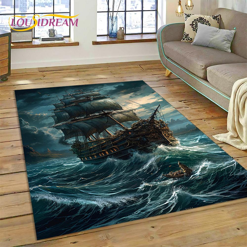 Ancient Pirate Ship Boat,Barque,Sailboa Rug Carpet for Living Room Bedroom Decor,Floor Mat Non-slip Decoration for Sofa Doormat